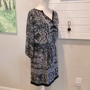 Cache Black White Paisley Print Smocked Tie Waist Shirt Dress Casual